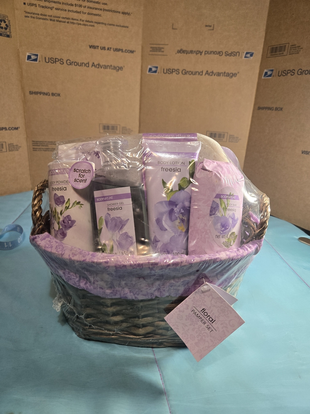 Freesia Bath & Body Gift Basket - Lavender Scented Bath Soak & Lotion Set